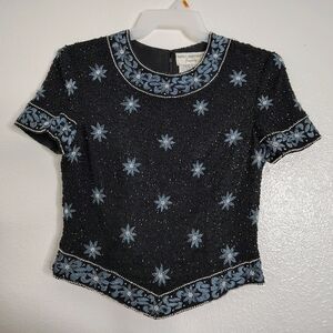 Vintage Papell Boutique Evening Top Womens Small Black Blue Floral Silk Beaded